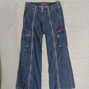 Phard Cargo Jeans Women 42 Dark Blue Excellent Y2K‎ Multi Zip Flare H7464
